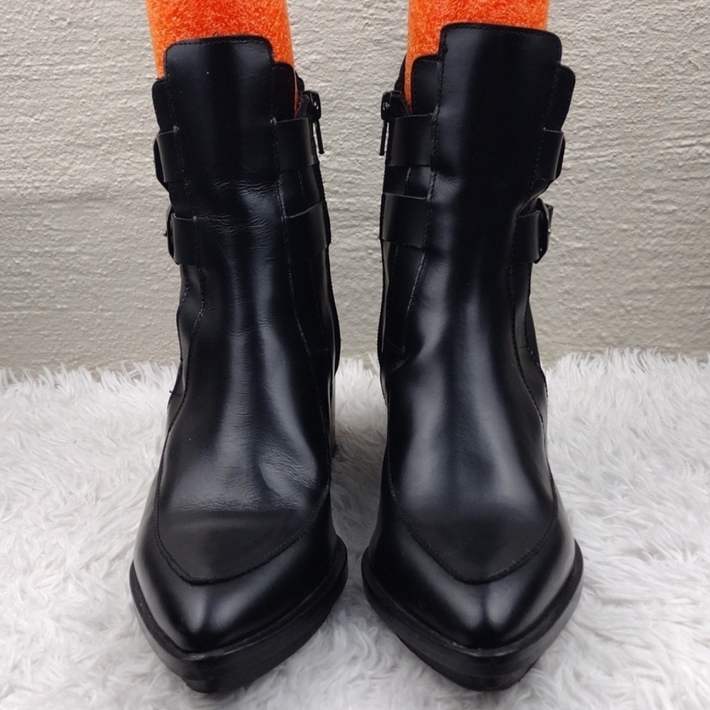 Zara Trafaluc Black Leather Two Buckle Pointed-Toe Blocked Heel Moto Ankle Boot - Picture 3 of 13
